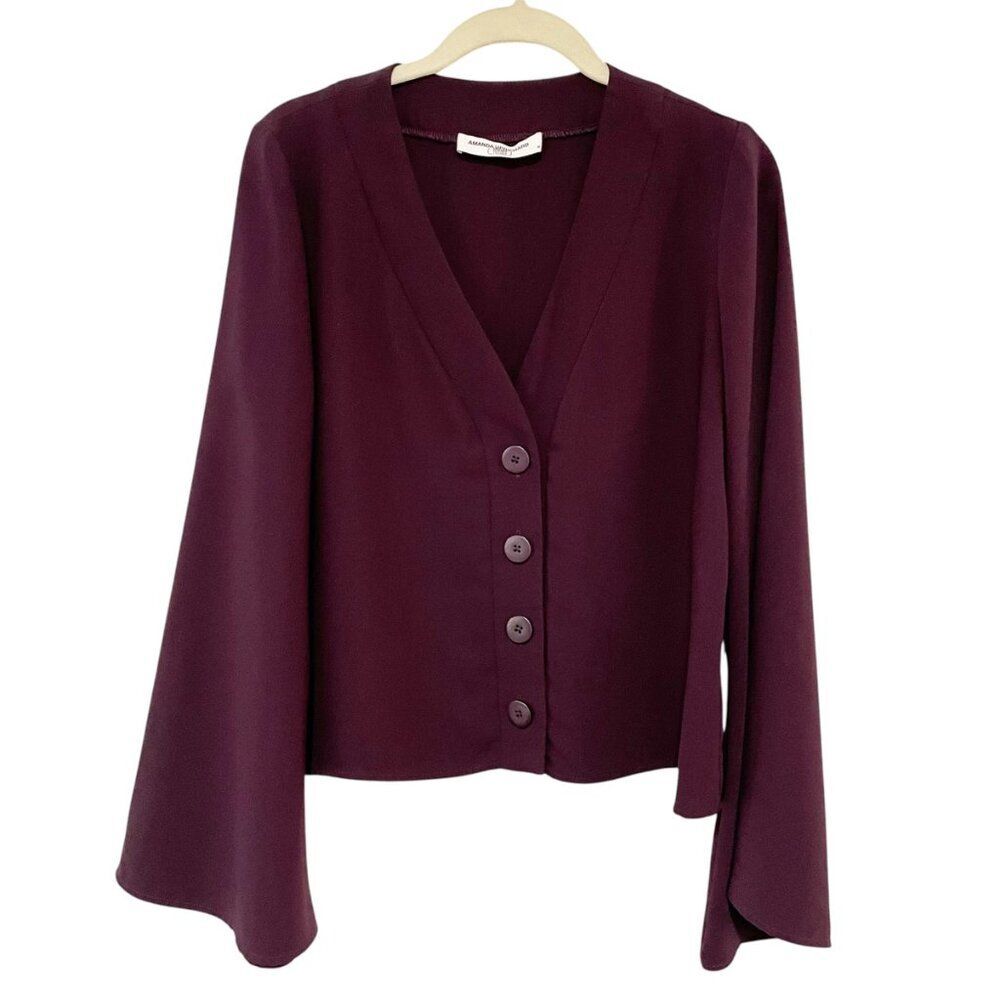 Amanda Uprichard Purple Petra Bell Sleeve Short Button Front Top Corp Office M